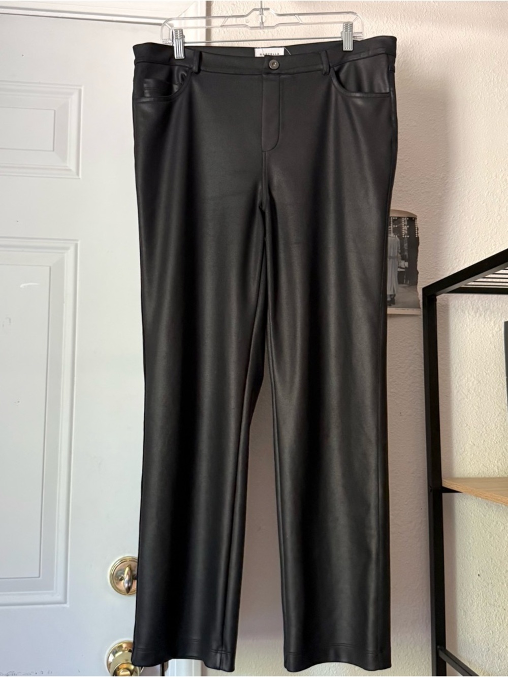 MARCELLA NYC black knit pu pleather faux leather wide straight leg pants stretch